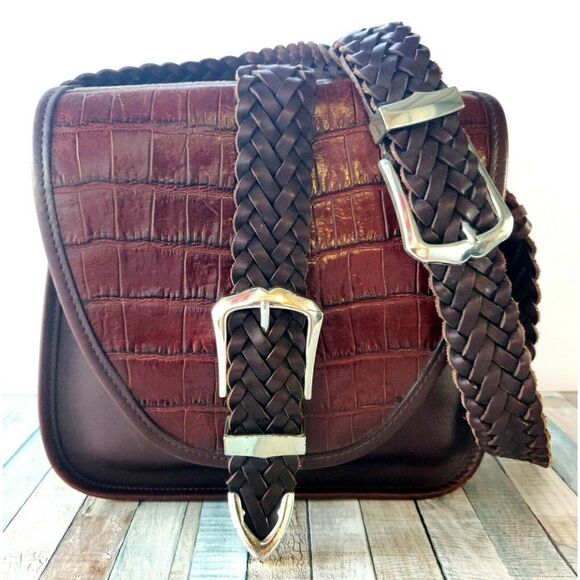 Brighton SADDLE BROWN CROCO GENUINE LEATHER WOVEN STRAP FLAP X-BODY SHOULDER BAG - Picture 2 of 12